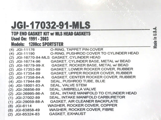 MLS Top End Gasket Kit. Fits Sportster 1991-2003 with 1200cc Engine.