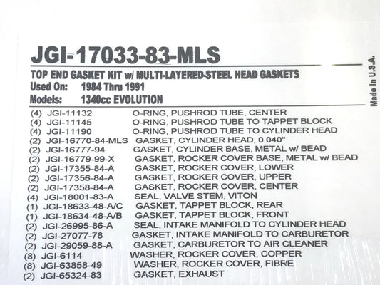 MLS Top End Gasket Kit. Fits Evolution Big Twin 1984-1991.