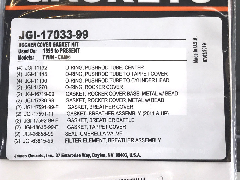 Rocker Cover Gasket Kit. Fits Twin Cam 1999-2017.
