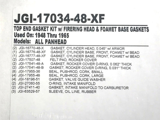 Top End Gasket Kit. Fits Big Twin 1948-1965 with Pan Engine.