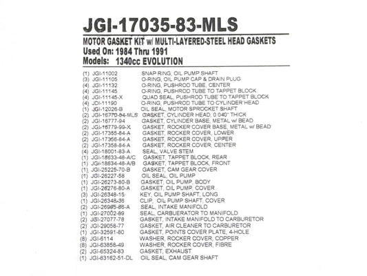 MLS Engine Gasket Kit. Fits Evolution Big Twin 1984-1991.