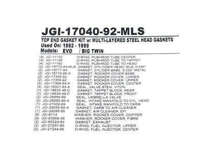 MLS Top End Gasket Kit. Fits Evolution Big Twin 1992-1999.