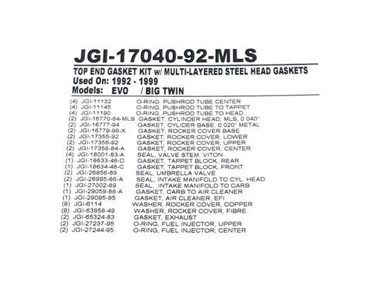 MLS Top End Gasket Kit. Fits Evolution Big Twin 1992-1999.