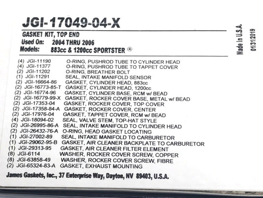 Top End Gasket Kit. Fits Sportster 2004-2006 with 883cc or 1200cc Engines.