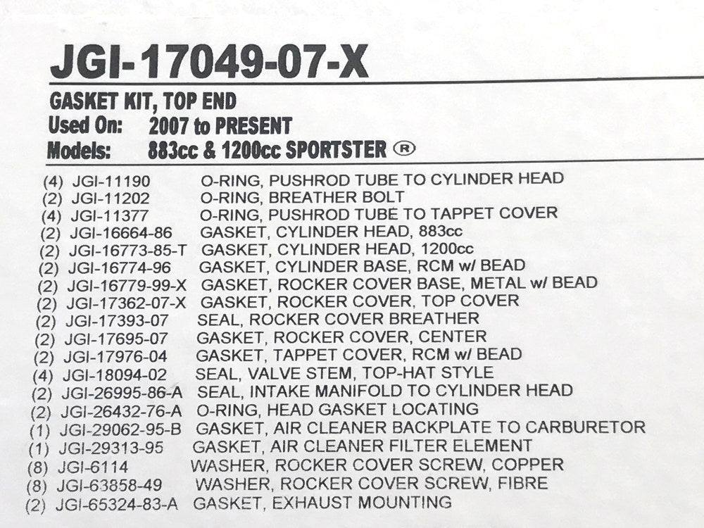 Top End Gasket Kit. Fits Sportster 2007-2021 with 883cc or 1200cc Engines.