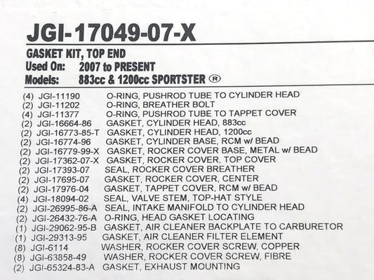 Top End Gasket Kit. Fits Sportster 2007-2021 with 883cc or 1200cc Engines.