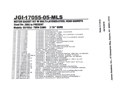 MLS Engine Gasket Kit. Fits Twin Cam 2005-2017 with 95in. or 103in. Engines - 3.875in. Bore