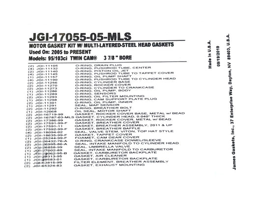 MLS Engine Gasket Kit. Fits Twin Cam 2005-2017 with 95in. or 103in. Engines - 3.875in. Bore