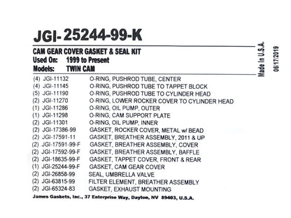 Cam Change Gasket Kit. Twin Cam 1999-2017.