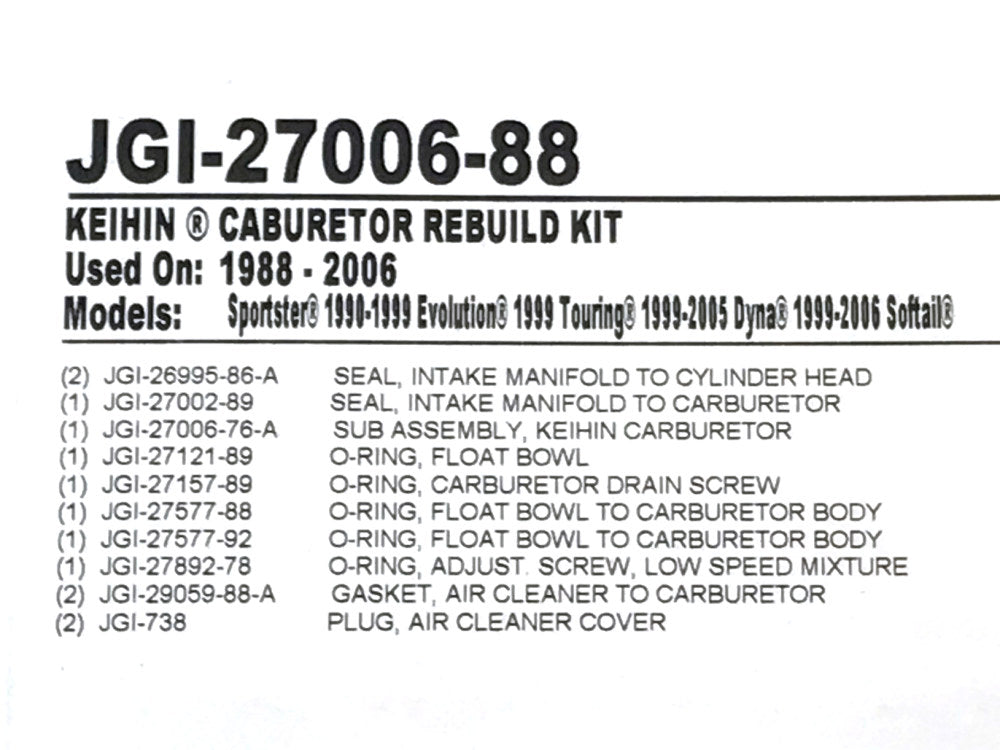 CV Carburettor Rebuild Kit. Fits Big Twin 1990-2006 & Sportster 1988-2006