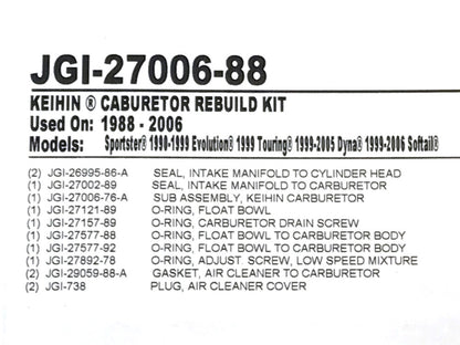 CV Carburettor Rebuild Kit. Fits Big Twin 1990-2006 & Sportster 1988-2006