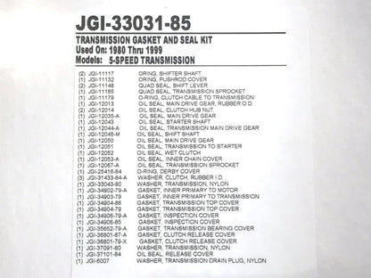 Transmission Gasket Kit. Fits 5Spd Touring 1980-1992, Softail 1986-1999 & FXR 1982-1994.
