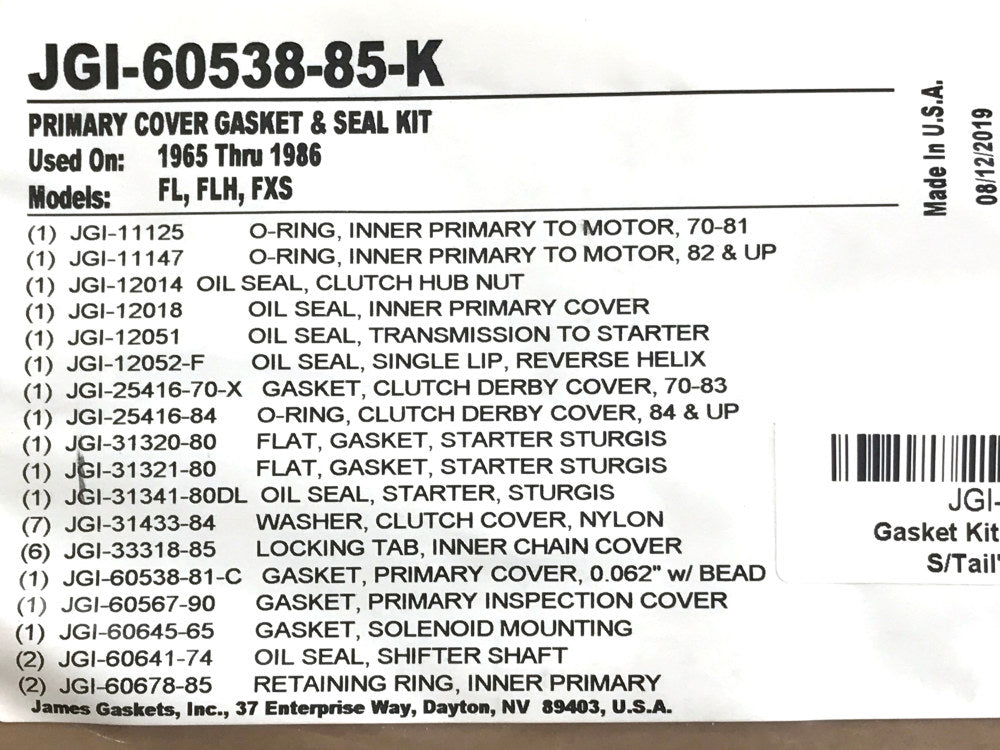 Primary Cover Gasket Kit. Fits 4Spd Big Twin 1965-1986 & Softail 1984-1988.