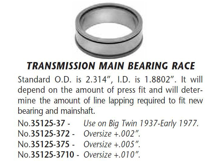 Transmission Main Bearing Race. Fits Big Twin 1937-1977.