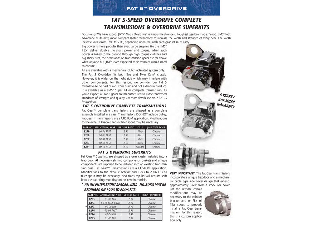Fat 5Spd Overdrive Super Transmission Cassette. Fits Softail 2000-2006