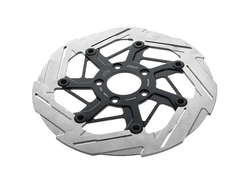 11.8in. Front 7-Spoke Disc Rotor - Polished Band & Black Carrier. Fits Dyna 2006-2017, Softail 2015up, Sportster 2014-2021 & Some Touring 2008up.