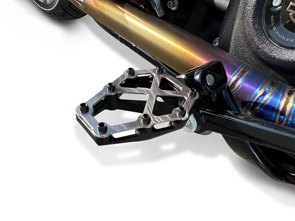 NXL Footpegs - Black & Stainless. Fits Softail 2018up, Pan America 2021up & Sportster S 2021up Front Rider