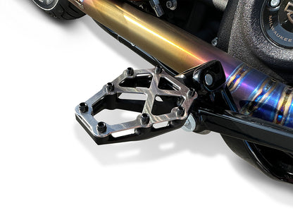 NXL Footpegs - Black & Stainless. Fits Softail 2018up, Pan America 2021up & Sportster S 2021up Front Rider