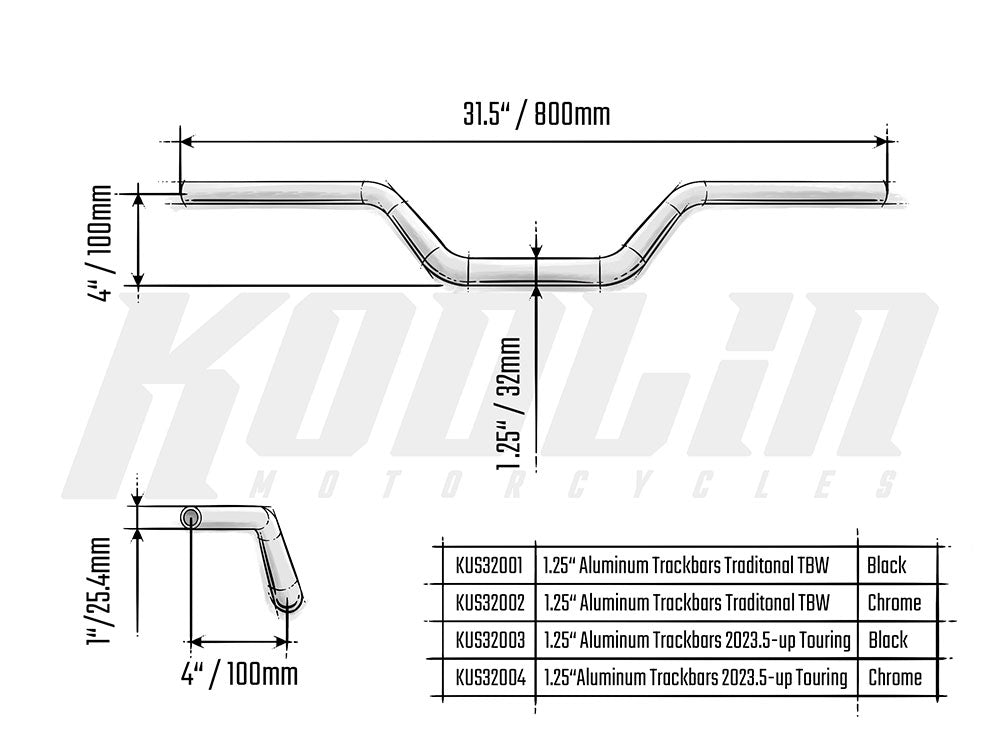 Aluminum Track Bars 1-1/4in.- Chrome. Fits CVO Touring 2023up, Street Glide & Road Glide 2024up, Touring 2025up & Softail 2025up