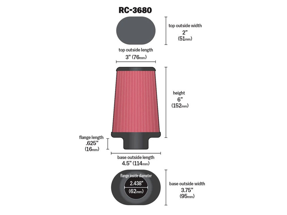 High-Flow Air Filter Element with Oval End Cap - Chrome. Fits Aircharger