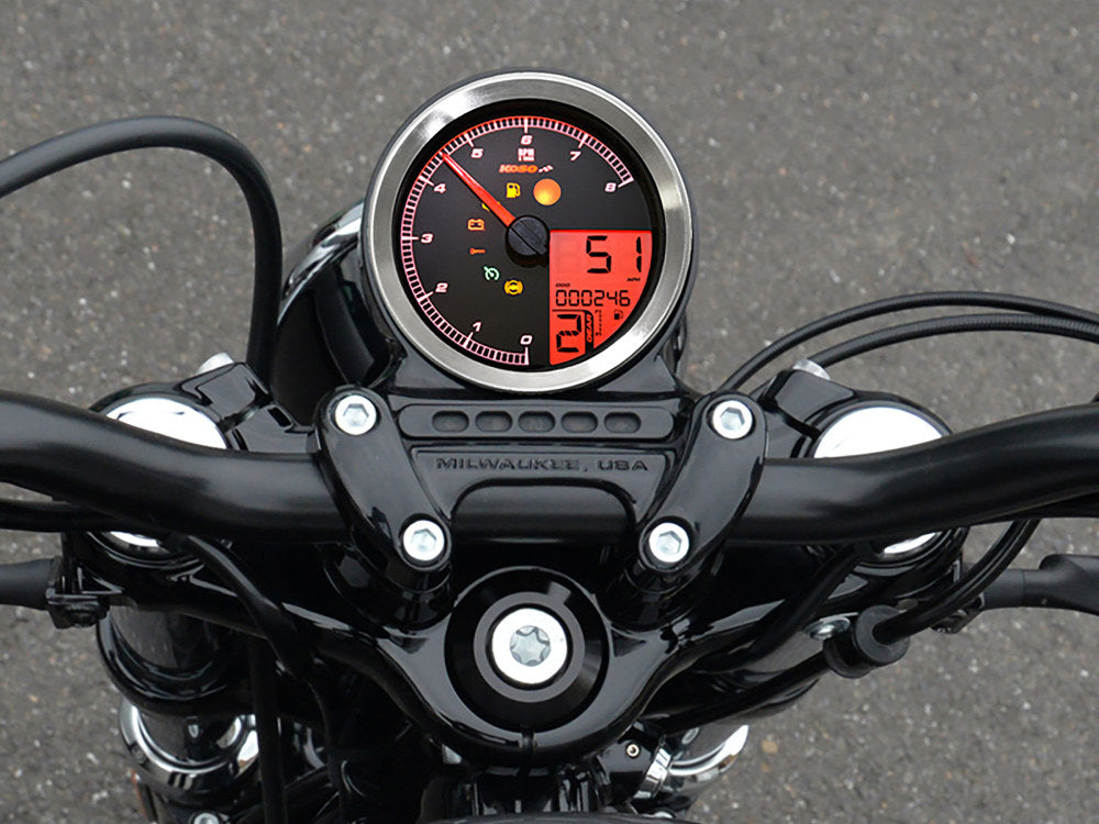 3-3/8in. Round Speedometer with Tachometer - Silver. Fits Softail Fat Bob 2018up, Sportster 2014-2021, Dyna Street Bob, Low Rider & Wide Glide 2012-2017 & Softail Breakout, Rocker & Black Line 2011-2017.