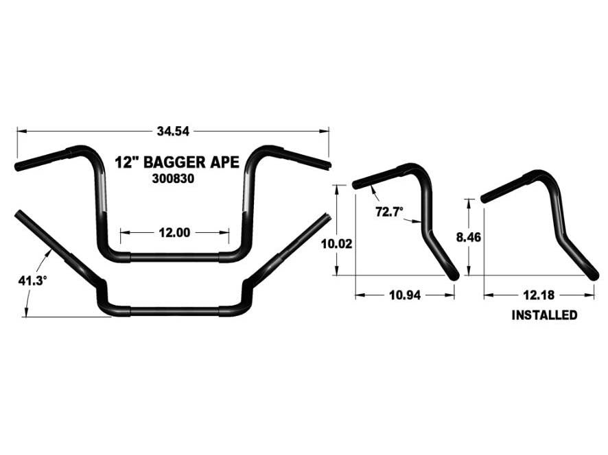 12in. x 1-1/4in. Fat Bagger Ape Handlebar - Black. Fits Ultra Models 1996-2024 and Street Glide 1996-2023