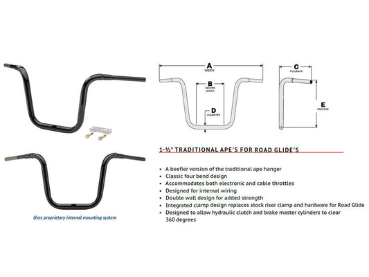 10in. x 1-1/2in. Grande Traditional Ape Handlebar - Chrome. Fits Road Glide 2015-2023