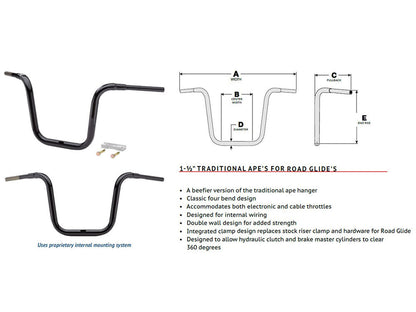 10in. x 1-1/2in. Grande Traditional Ape Handlebar - Gloss Black. Fits Road Glide 2015-2023