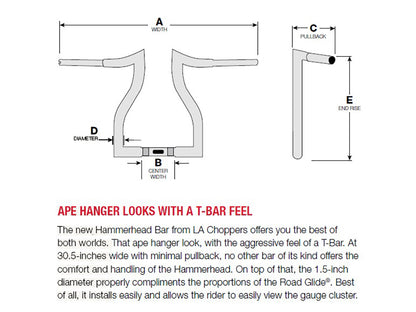 14in. x 1-1/2in. Hammerhead Handlebar - Chrome. Fits Road Glide 2015-2023 & Road King Special 2017-2025
