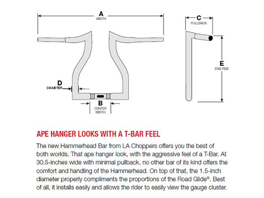 14in. x 1-1/2in. Hammerhead Handlebar - Chrome. Fits Road Glide 2015-2023 & Road King Special 2017-2025