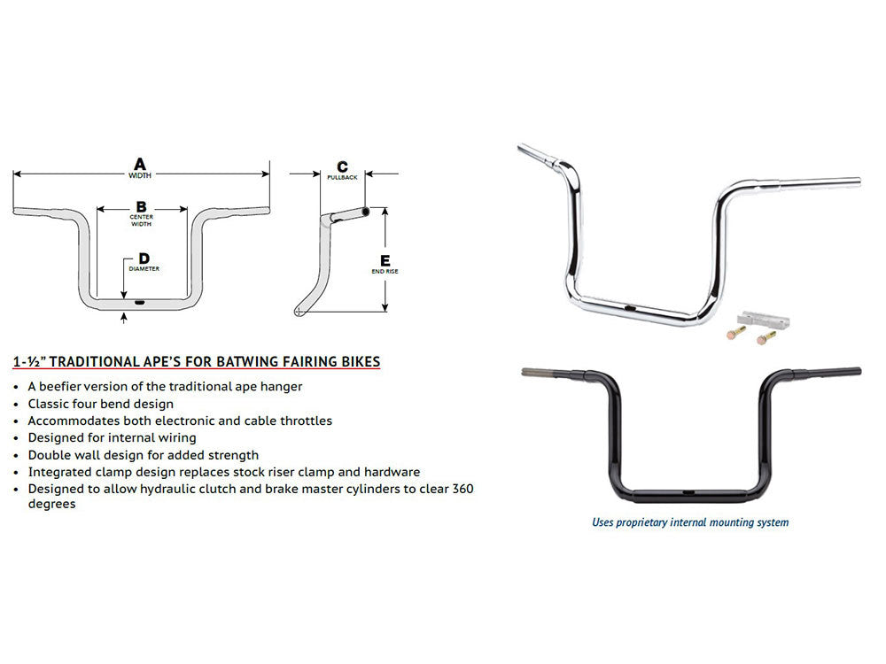 10in. x 1-1/2in. Grande Traditional Ape Handlebar - Chrome. Fits Ultra Models 2014up and Street Glide 2014-2023
