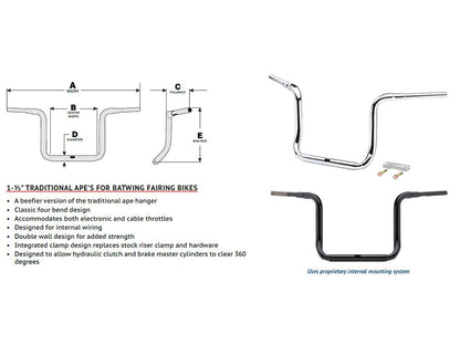 10in. x 1-1/2in. Grande Traditional Ape Handlebar - Chrome. Fits Ultra Models 2014up and Street Glide 2014-2023