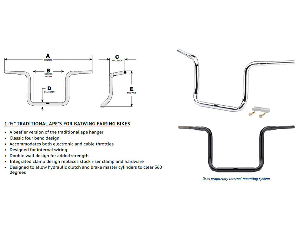14in. x 1-1/2in. Grande Traditional Ape Handlebar - Gloss Black. Fits Ultra Models 2014up and Street Glide 2014-2023