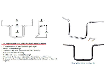 16in. x 1-1/2in. Grande Traditional Ape Handlebar - Gloss Black. Fits Ultra Models 2014up and Street Glide 2014-2023