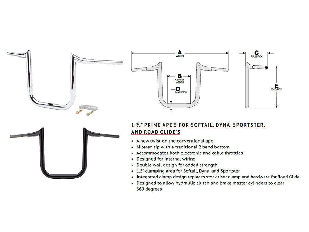 14in. x 1-1/2in. Grande Prime Ape Handlebar - Chrome.
