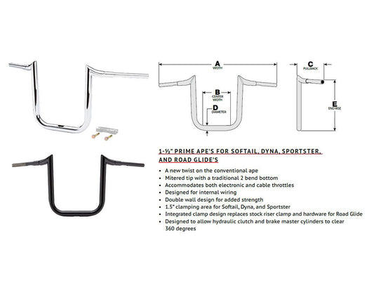 10in. x 1-1/2in. Grande Prime Ape Handlebar - Gloss Black. Fits Road Glide 2015-2023 & Road King Special 2017up