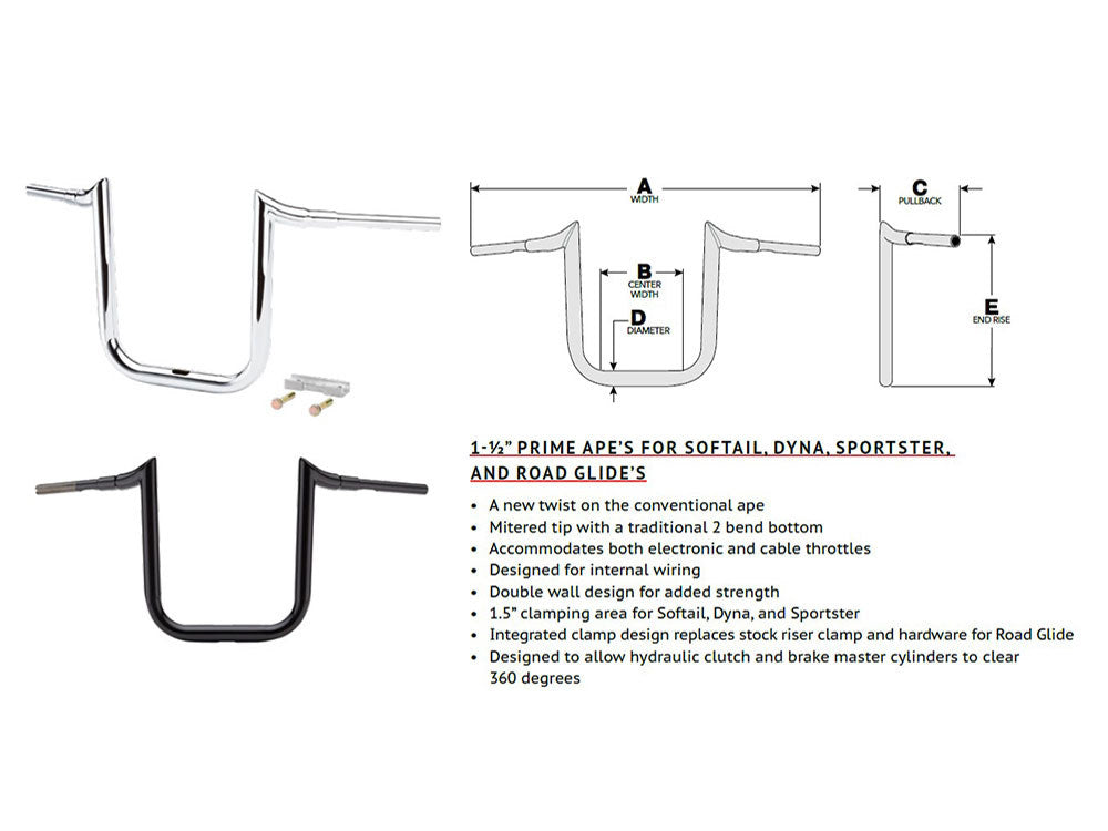 14in. x 1-1/2in. Grande Prime Ape Handlebar - Chrome. Fits Road Glide 2015-2023 & Road King Special 2017up