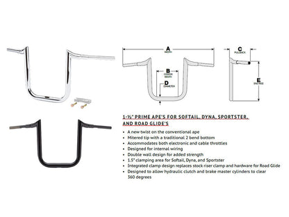 14in. x 1-1/2in. Grande Prime Ape Handlebar - Chrome. Fits Road Glide 2015-2023 & Road King Special 2017up