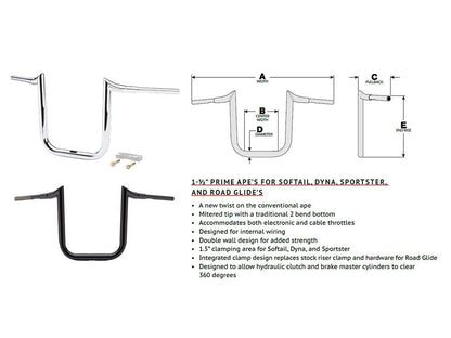 16in. x 1-1/2in. Grande Prime Ape Handlebar - Chrome. Fits Road Glide 2015-2023 & Road King Special 2017up