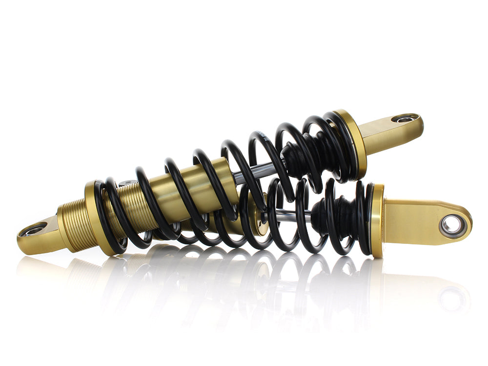 REVO-A Series, 13in. Adjustable Rear Shock Absorbers - Gold. Fits Dyna 1991-2017.