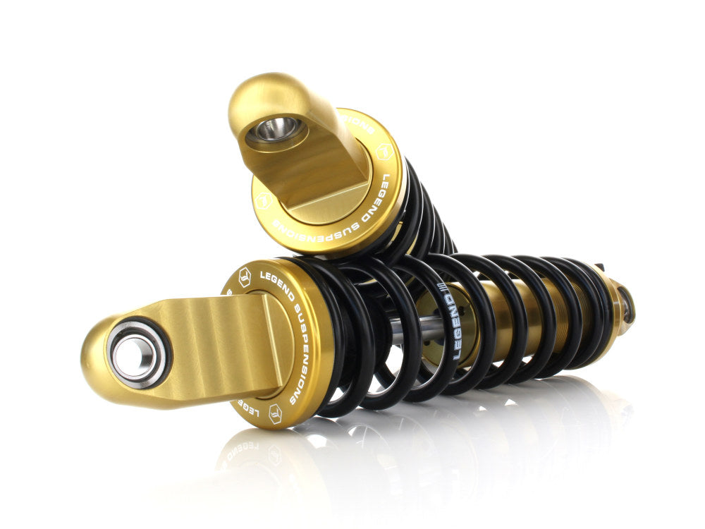REVO-A Series, 14in. Adjustable Heavy Duty Spring Rate Rear Shock Absorbers - Gold. Fits Dyna 1991-2017.