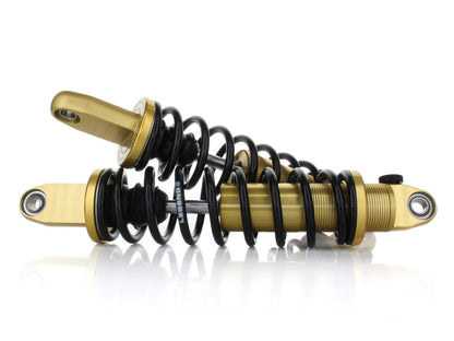 REVO-A Series, 14in. Adjustable Heavy Duty Spring Rate Rear Shock Absorbers - Gold. Fits Dyna 1991-2017.
