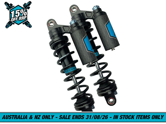 Revo ARC Piggyback Suspension. 14in. Adjustable, Heavy Duty Spring Rate, Rear Shock Absorbers - Black. Fits Dyna 1991-2017.