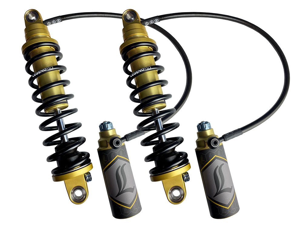 Revo ARC Remote Reservoir Suspension. 13in. Adjustable, Heavy Duty Spring Rate, Rear Shock Absorbers - Gold. Fits Touring 2014up. Note: 14? Revo-ARC is not compatible with 2023/2024 CVO Road Glide, CVO Road Glide ST, and CVO Street Glide