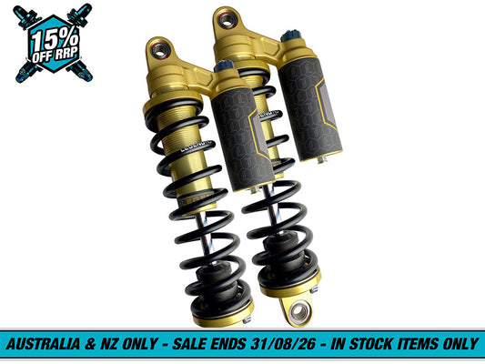 Revo ARC Piggyback Suspension. 13in. Adjustable Rear Shock Absorbers - Gold. Fits Dyna 1991-2017.