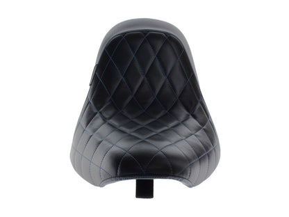 Bare Bones Solo Seat with Blue Diamond Stitch. Fits Softail 2006-2017 with 200 OEM Rear Tyre.