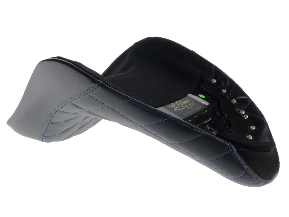 Bare Bones Solo Seat with Blue Diamond Stitch. Fits Softail 2006-2017 with 200 OEM Rear Tyre.