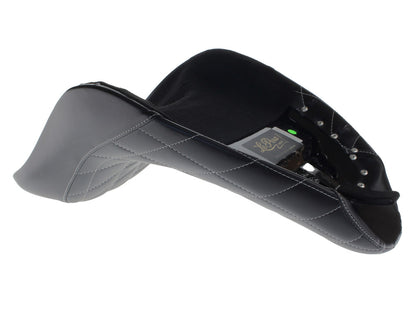 Bare Bones Solo Seat with White Diamond Stitch. Fits Softail 2006-2017 with 200 OEM Rear Tyre.