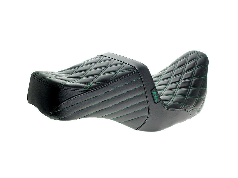 TailWhip Dual Seat with Green Double Diamond Stitch. Fits Most Touring 2008-2024