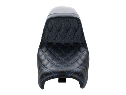 Kickflip Dual Seat with Blue Double Diamond Stitch. Fits Dyna 2006-2017.